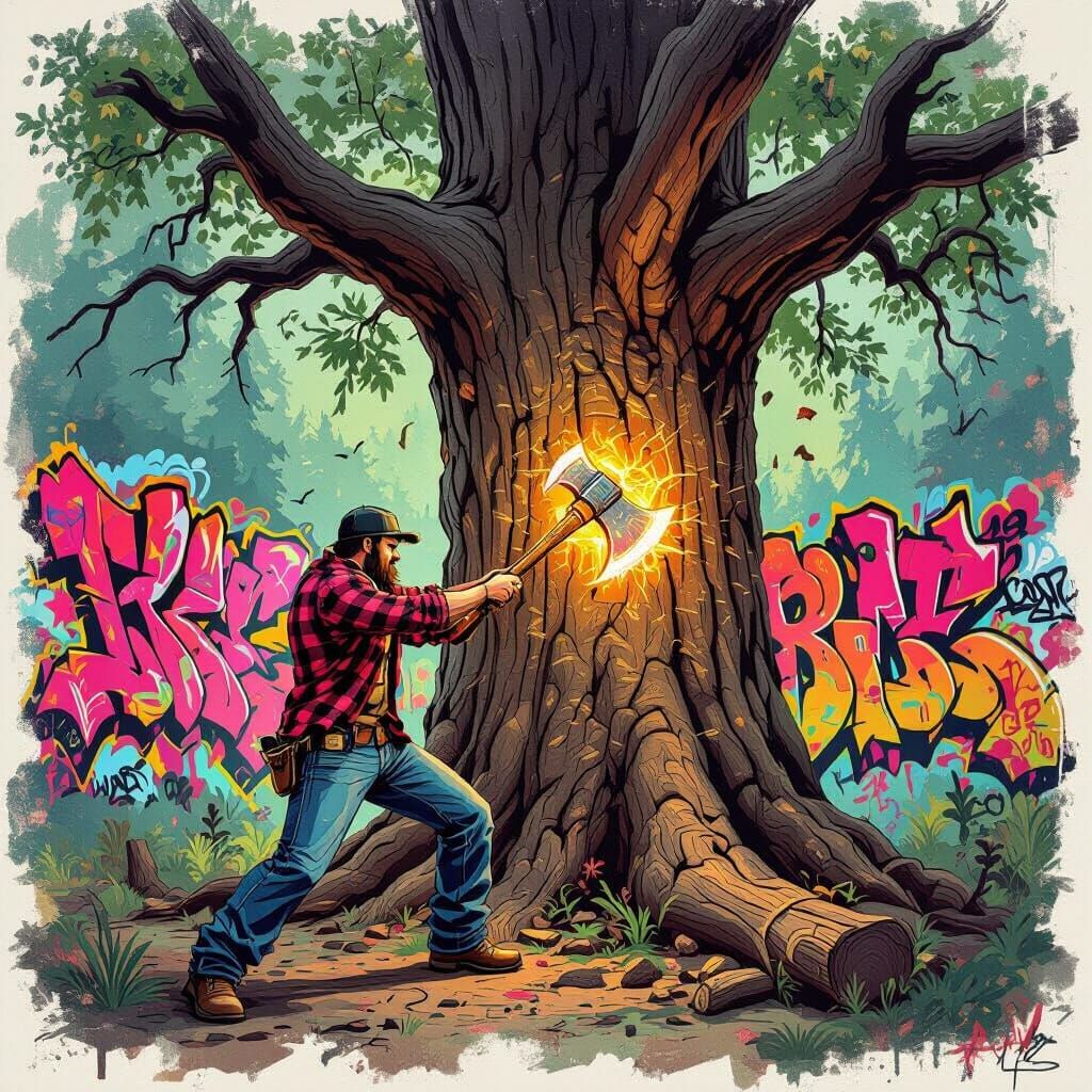 Lumberjack Cutting Ancient Tree with Magic Axe in Graffiti S...