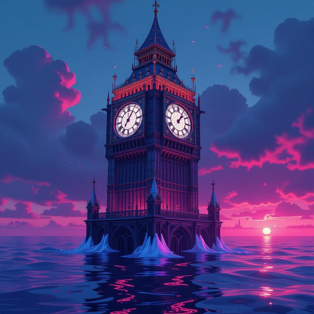 Molten Silver Clocktower Melts into Neon Ocean
