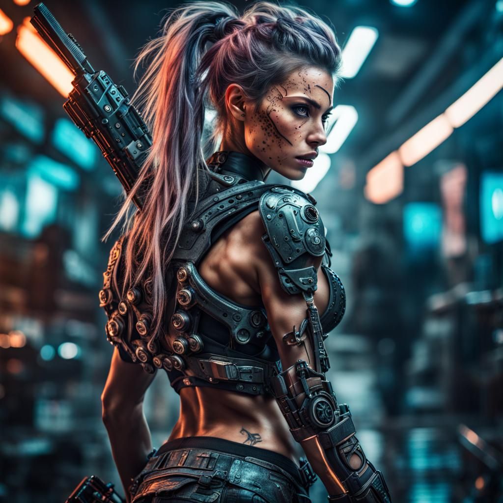 Cyberpunk Warrior Babe in Action