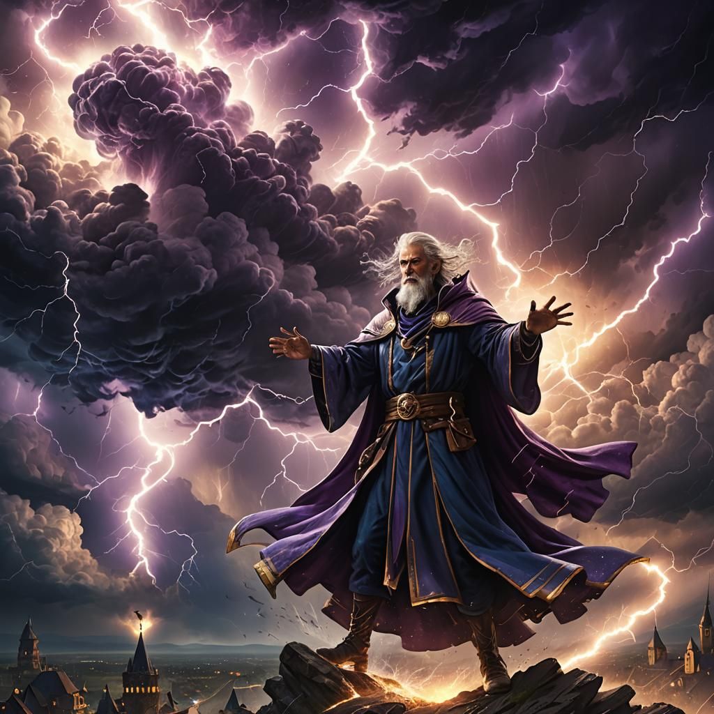 Wizard Conjures Storm in Epic Fantasy Art