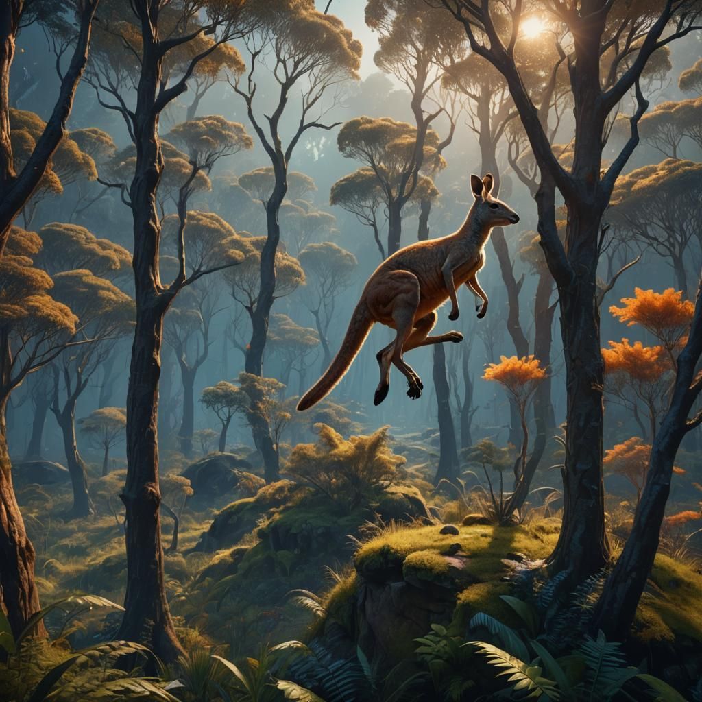 Kangaroo Leaps Over Forest in Fantastical Concept Art