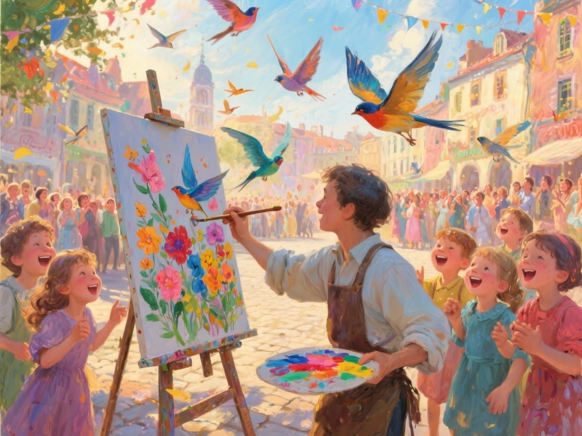 Joyful Children Watch Artist Paint Magical Birds in Town Squ...