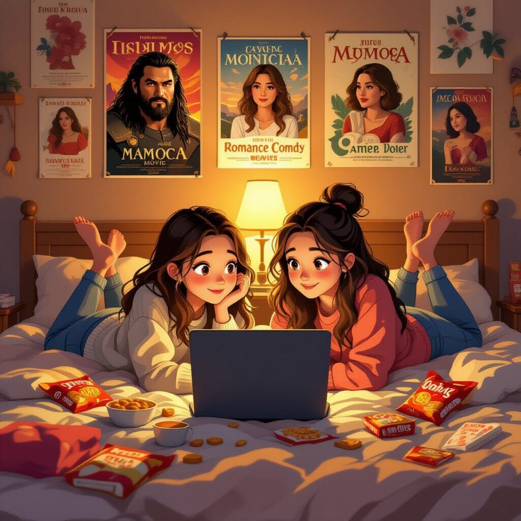 Cozy Movie Night: Girls in Messy Room with Posters
