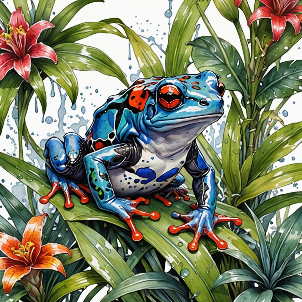 poison dart frog on a bromeliad