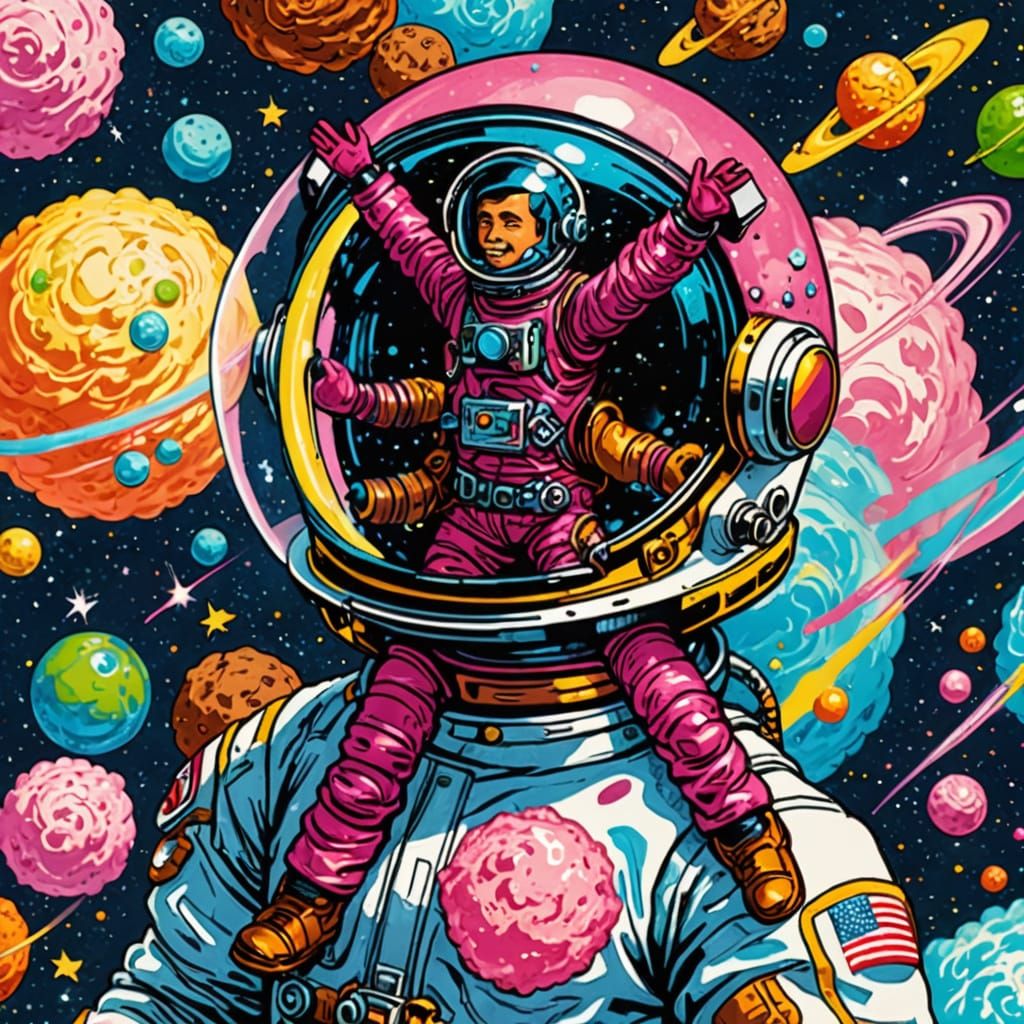 Astronaut in Space Reflecting Cotton Candy Nebula, Retro Com...