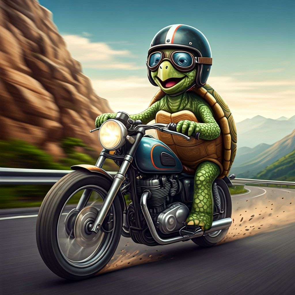 Turtle on Motorcycle: Hyperrealistic Illustration in Ryden S...