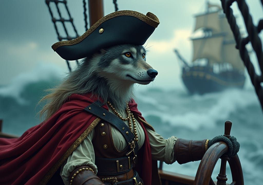An anthropomorphic bipedal female wolf with a curvaceous physique in pirates clothing and captain's hat at the helm of a...