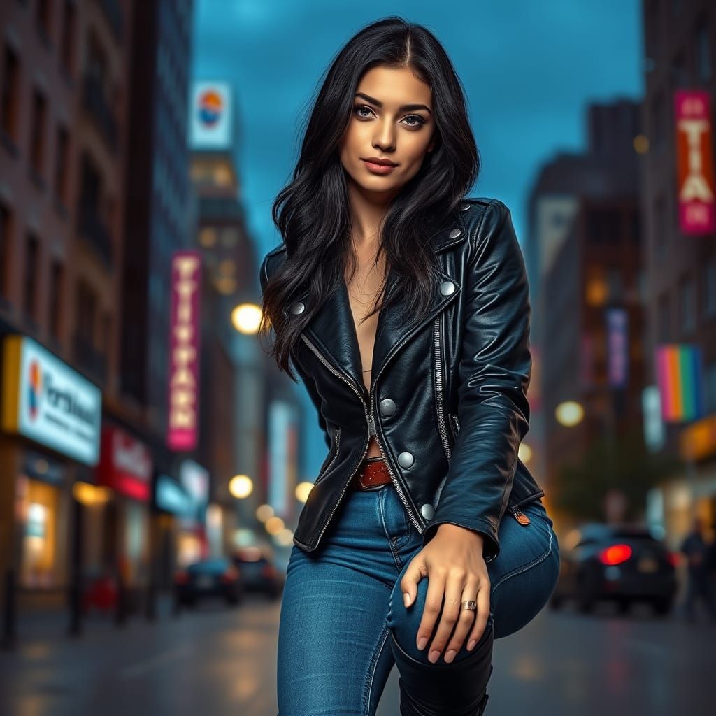 1920s Cityscape Beauty in Leather Jacket