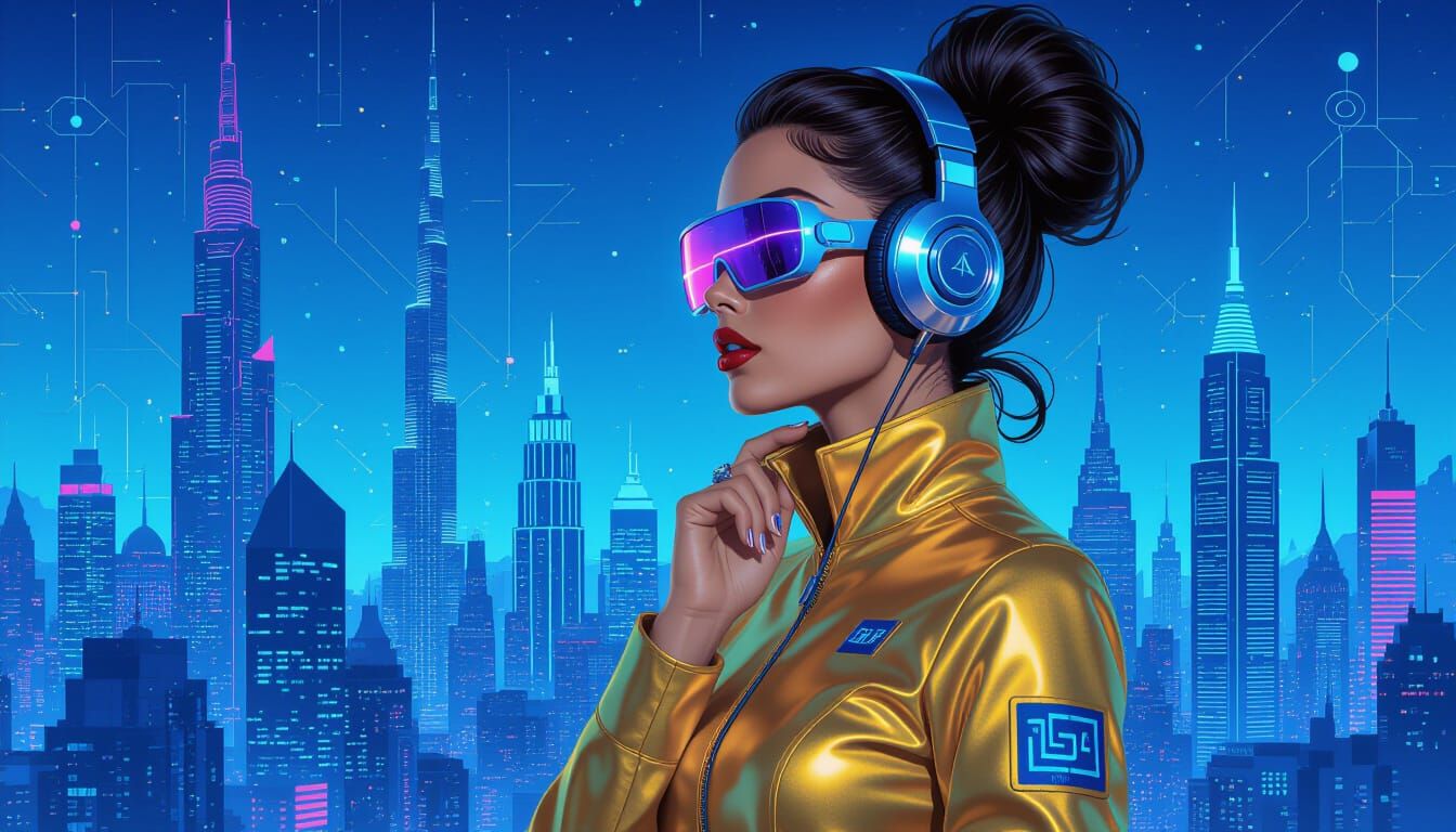 Woman in Futuristic Gold Suit in Cyberpunk Cityscape