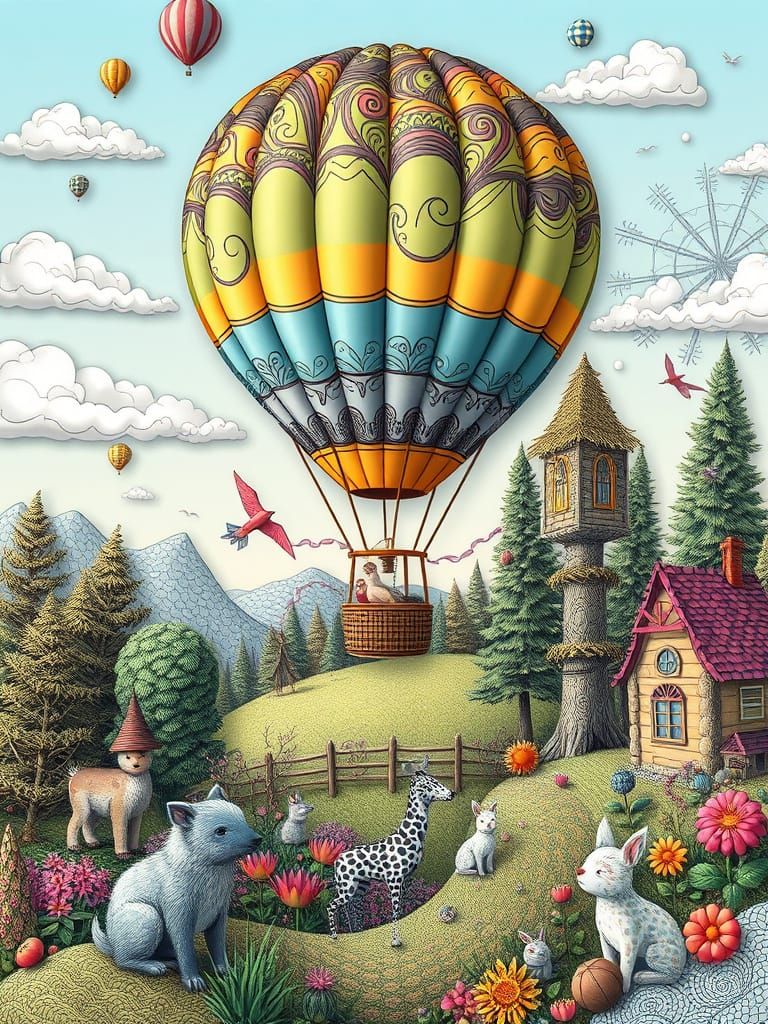 Whimsical Hot Air Balloon Above Woodland Scene