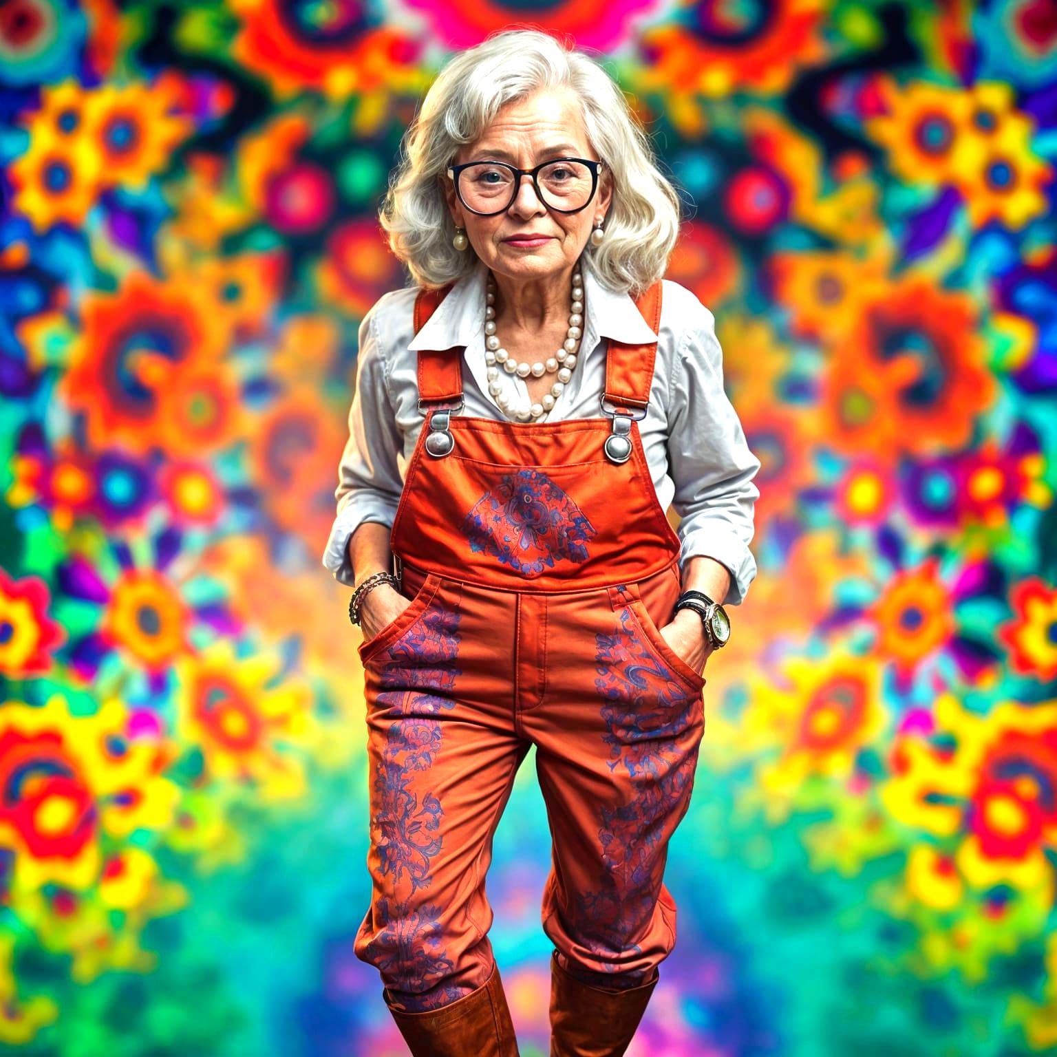 Elegant Elderly Lady in Vibrant Dungarees