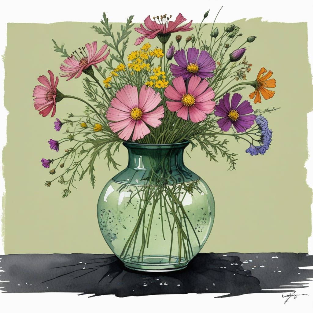Wild Flowers in Whimsical Watercolor Style