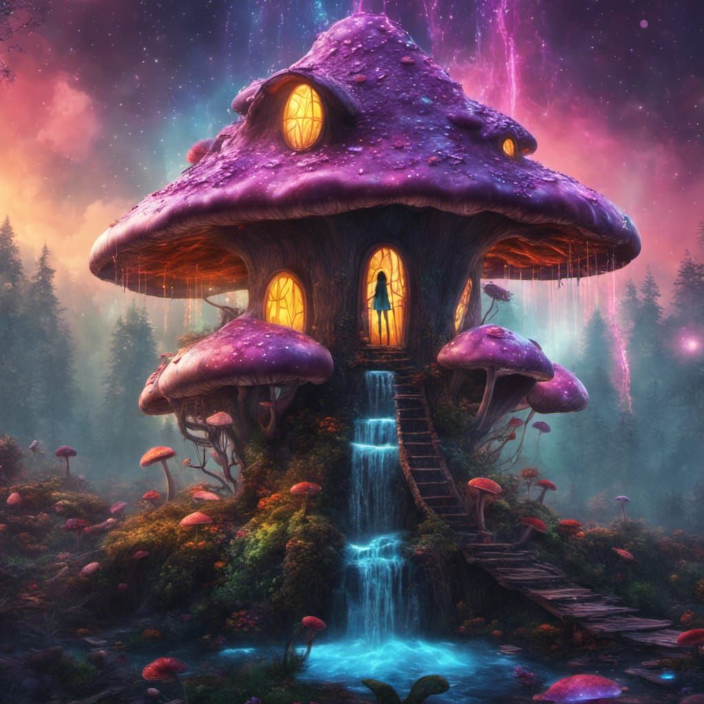 Magical Mushroom Treehouse with Woman on Sunflower Path