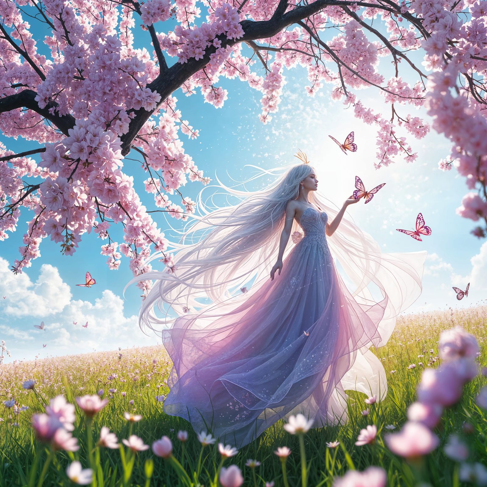 Celestial Spring Goddess in Vibrant Cherry Blossom Meadow