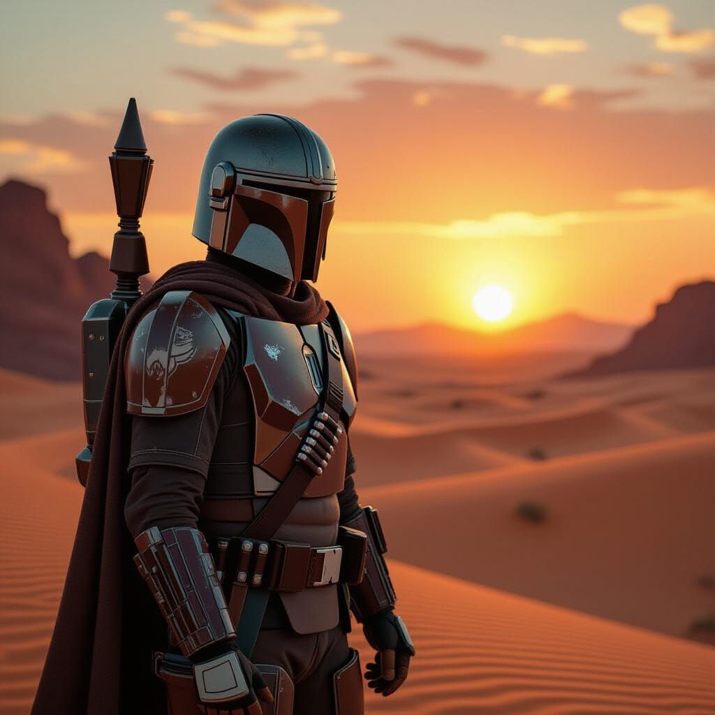 Mandalorian Warrior at Sunset, in Cinematic Style