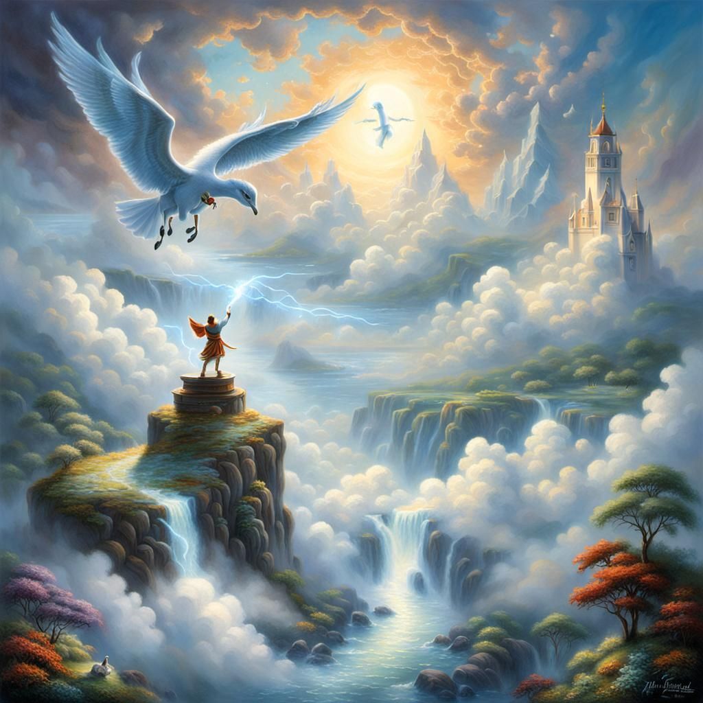 Hermes Ascending: Ethereal Fantasy in Kinkade Style