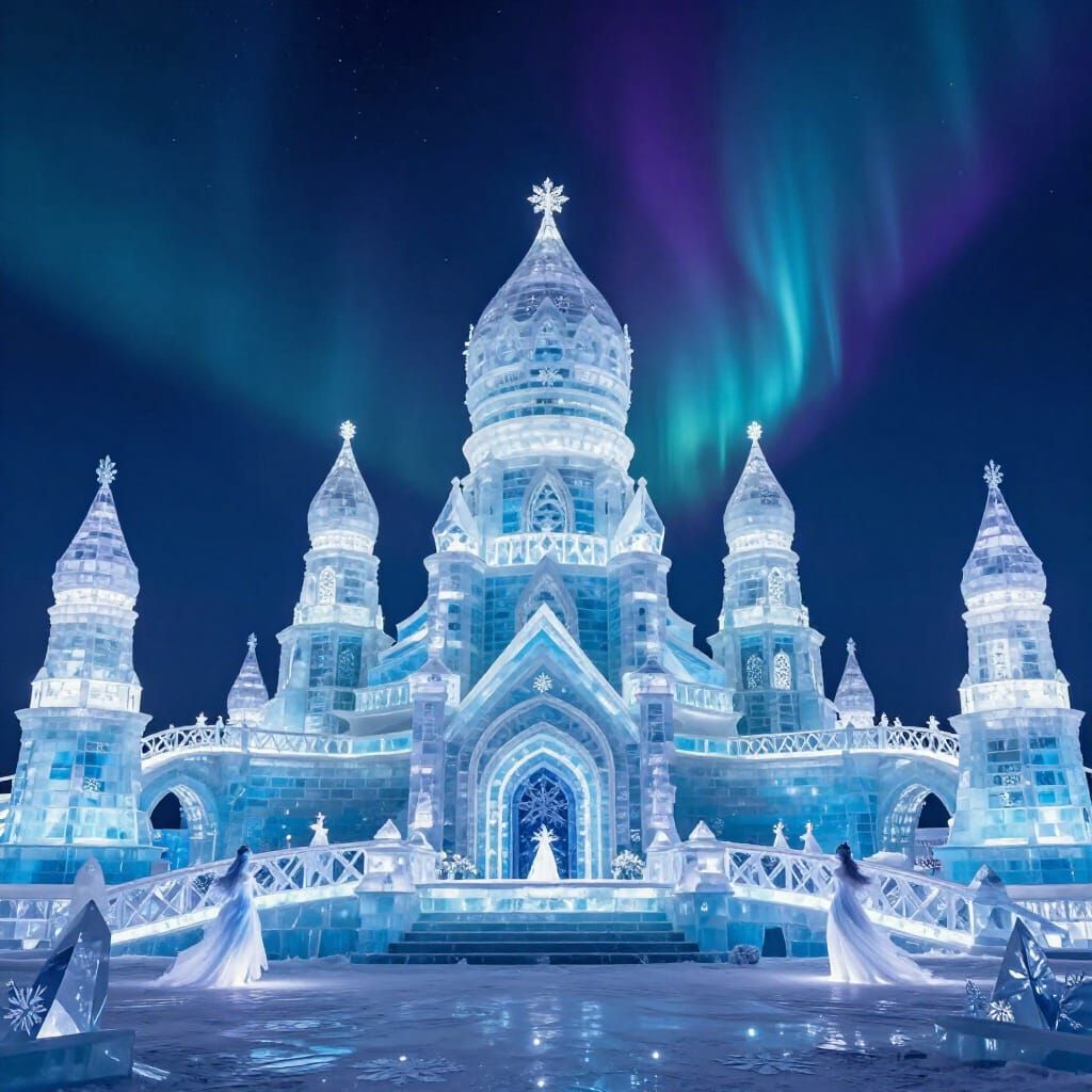 Majestic Azure Ice Palace Under Aurora Borealis