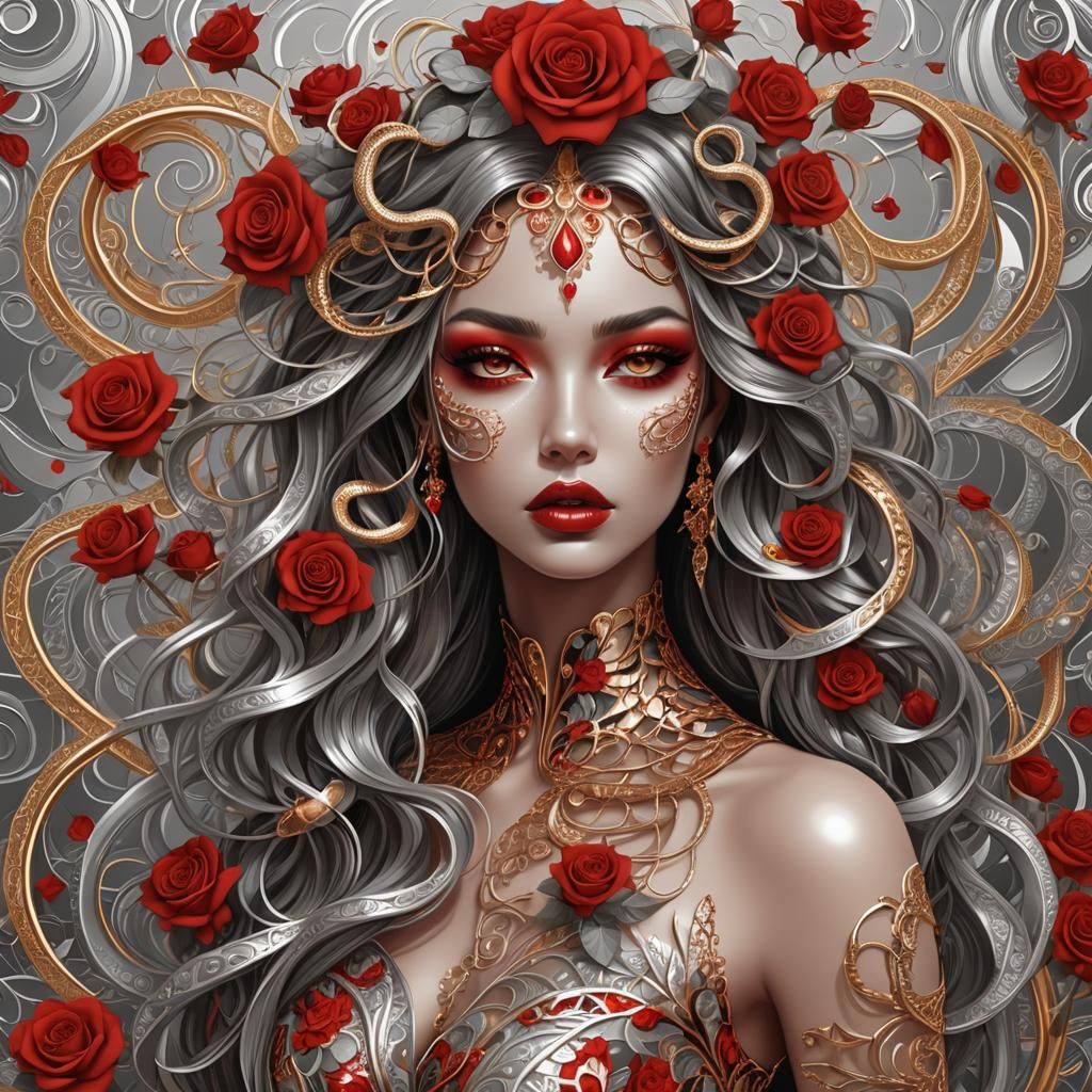 Girl with Snakes and Roses in Abstract Style