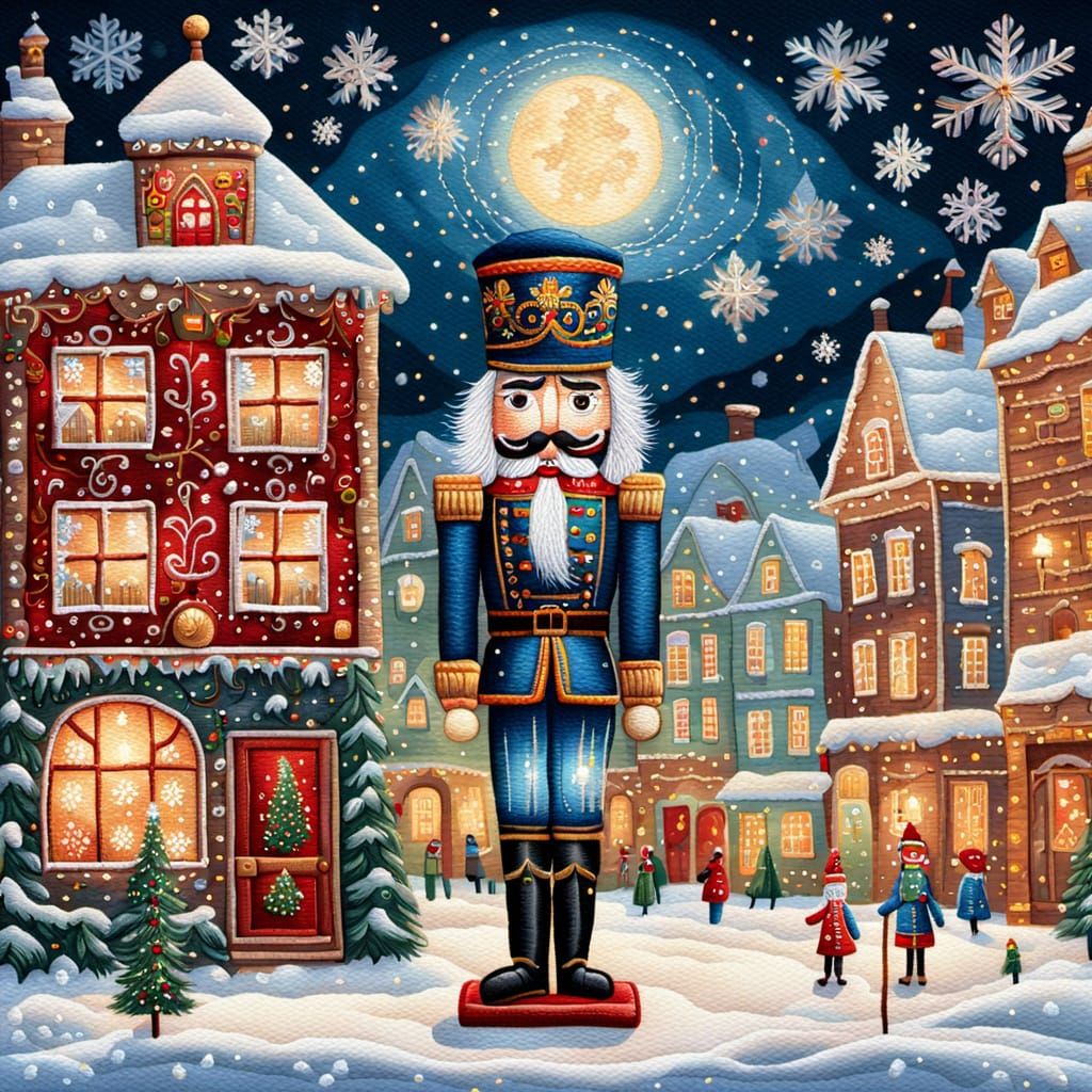 Whimsical Nutcracker in Snowy Village Embroidery Art