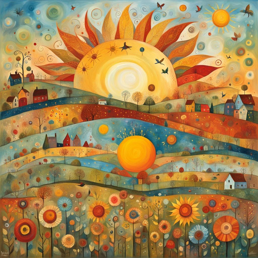 Whimsical Smiling Sun in Folk Art Style
