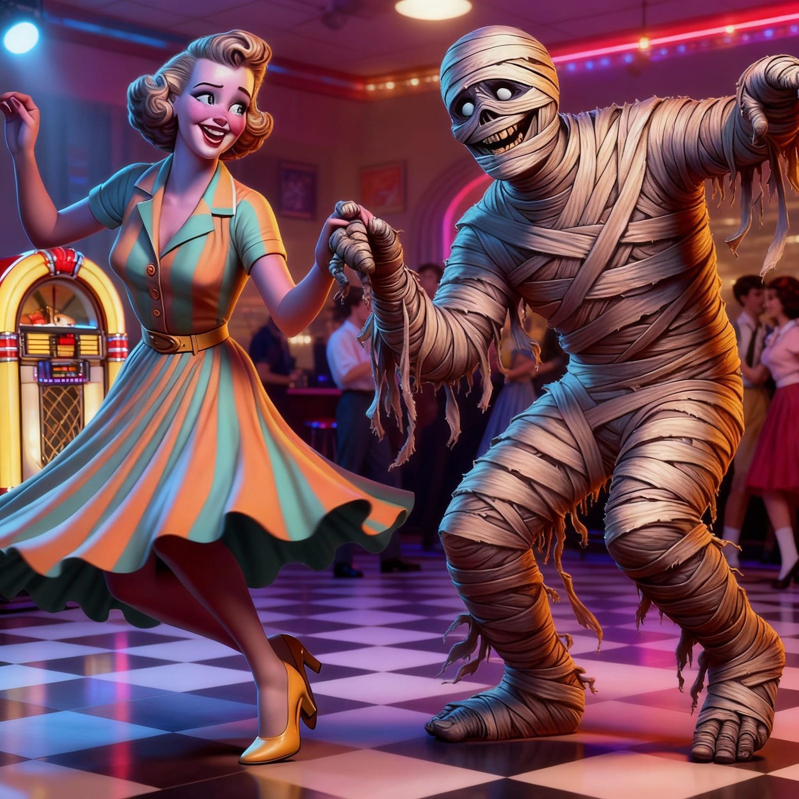 Mummy and Woman Dancing at Ghostly Sock Hop