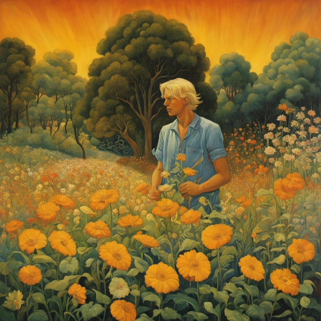 Blond Man in Flower Field: Surrealist Digital Art