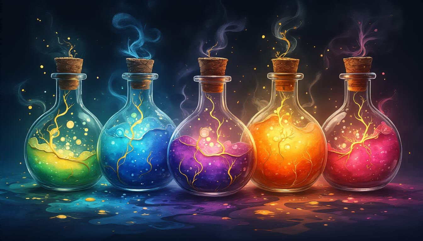 Glowing Magical Potions in Alcohol Ink Style