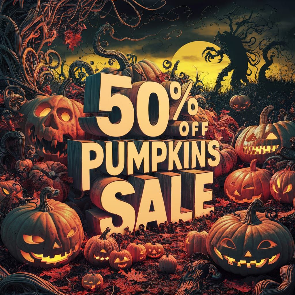 Halloween Pumpkin Sale in Surreal Autumn Landscape