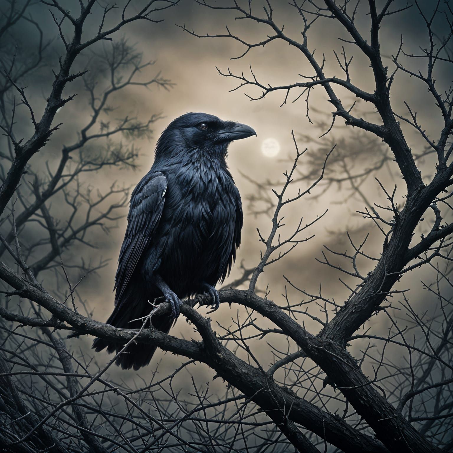 Sinister Raven in Bush, Dark Fantasy Art