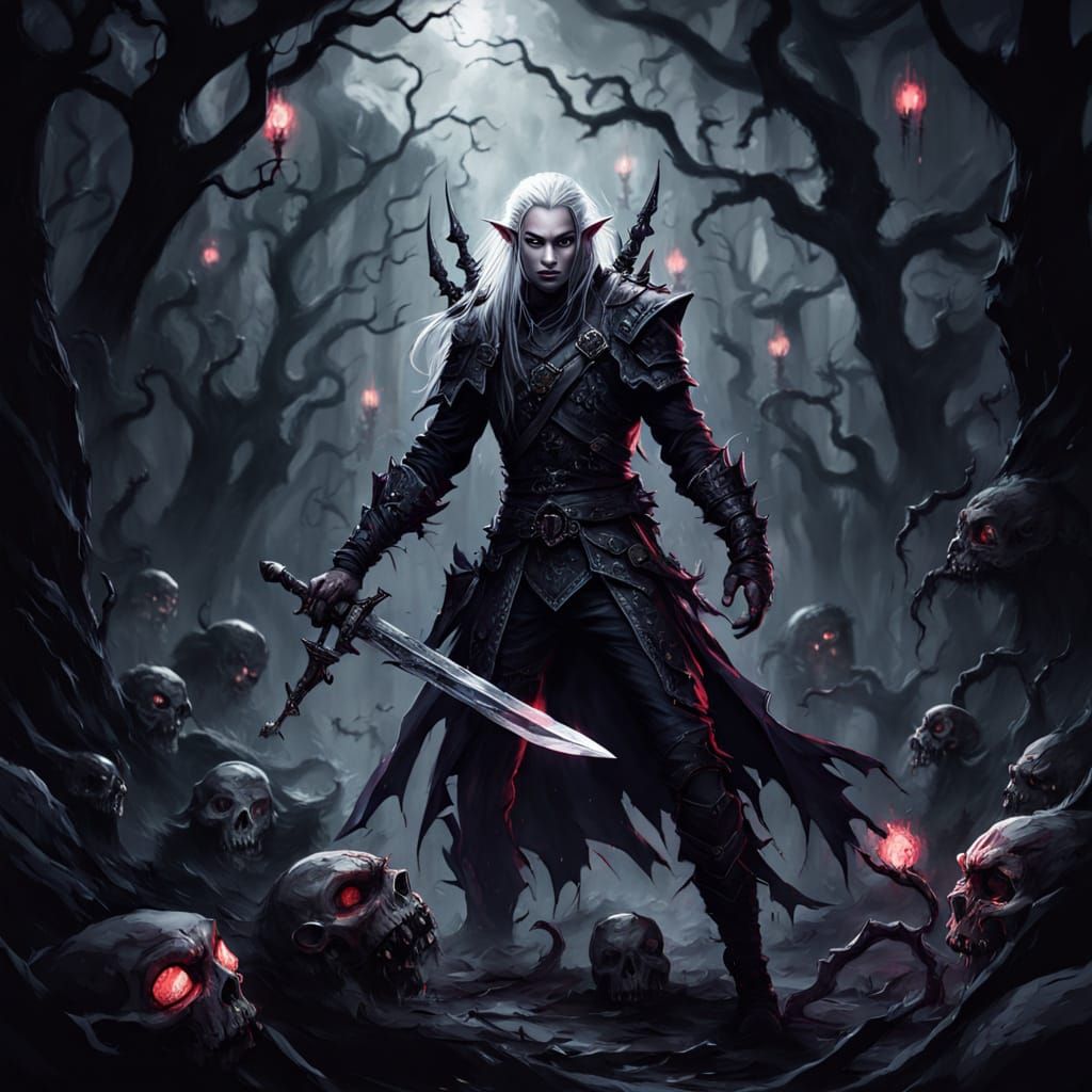 Drow Elf in Forgotten City, Dark Fantasy Art