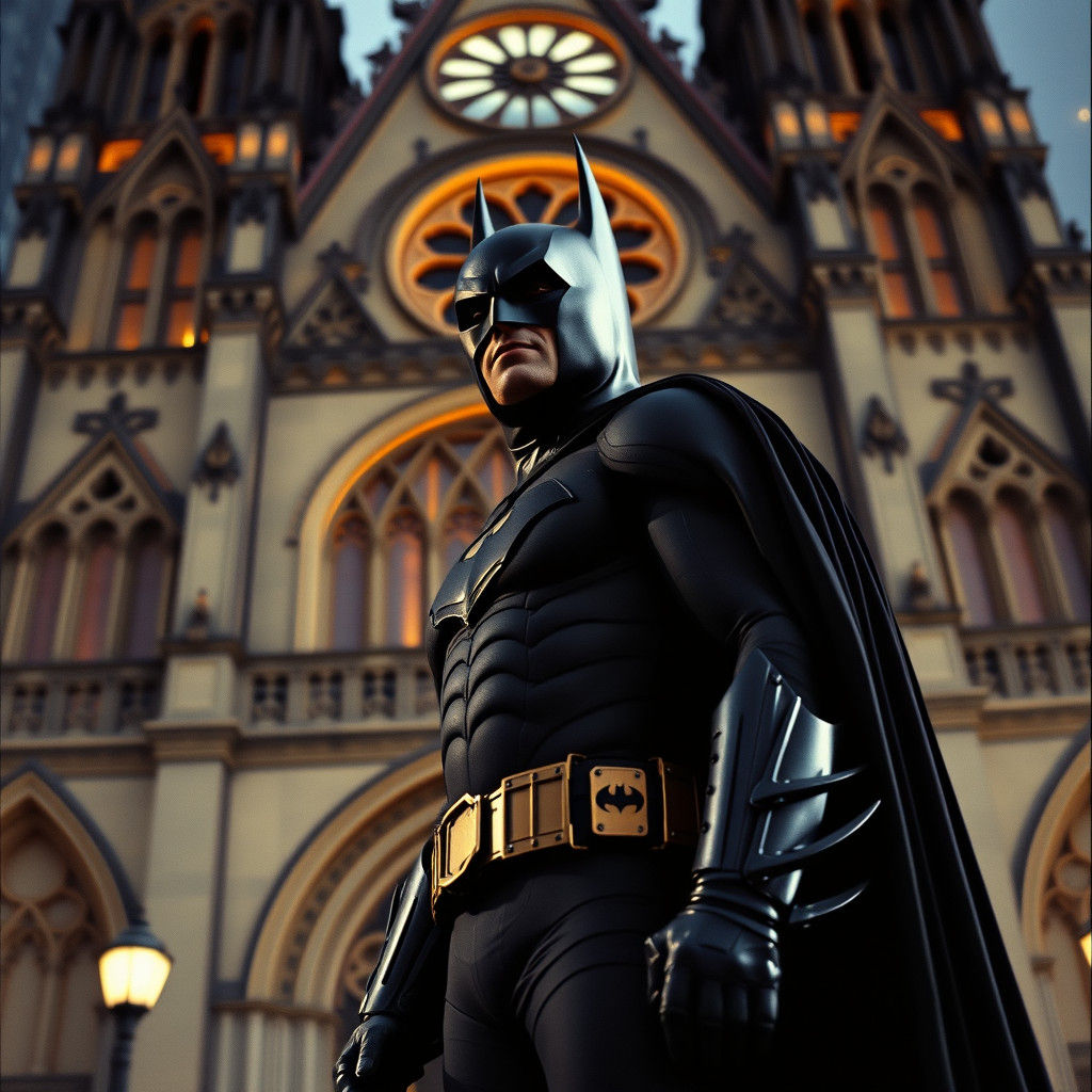 Batman in 1980s Suit Stands Before Cathedral