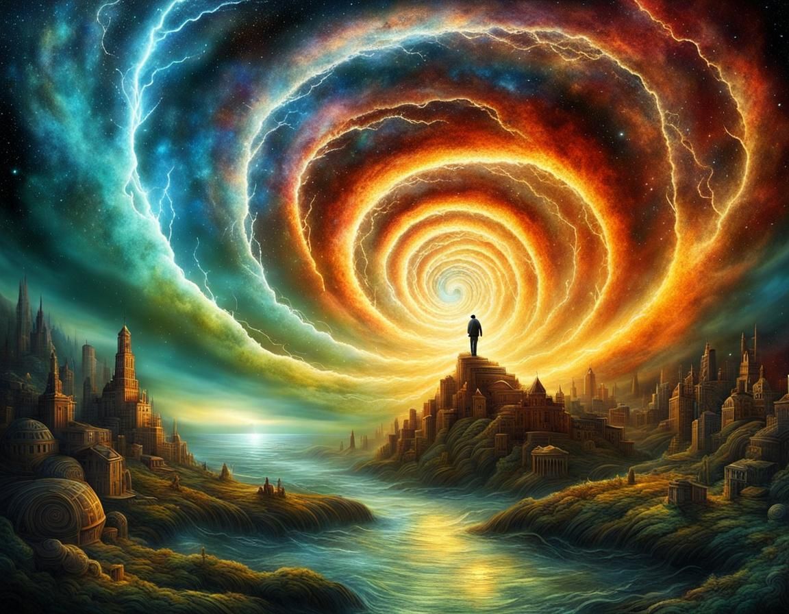 Surreal Lightning Vortex with Cities and Galaxy