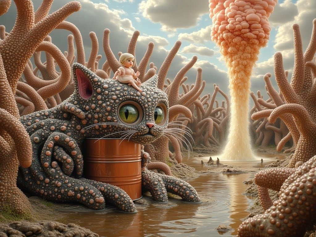 Surreal Polkadot Cat in Fingerpunk Landscape