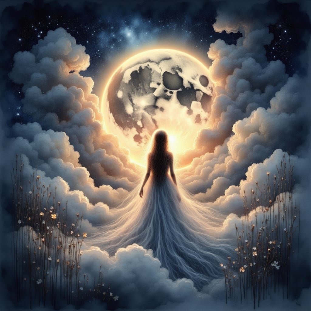 Glowing Goddess of the Moon in a Whimsical, Iridescent Holog...