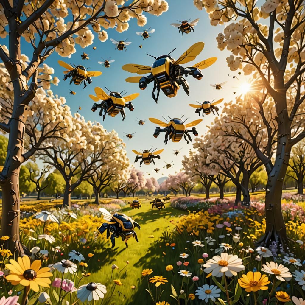 Robotic Bumblebees Pollinating Blooming Spring Landscape