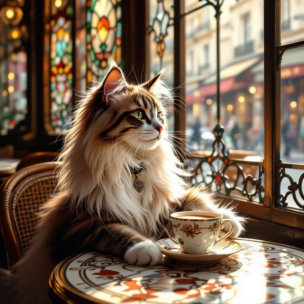 Elegant Cat Sipping Coffee in Art Nouveau Style