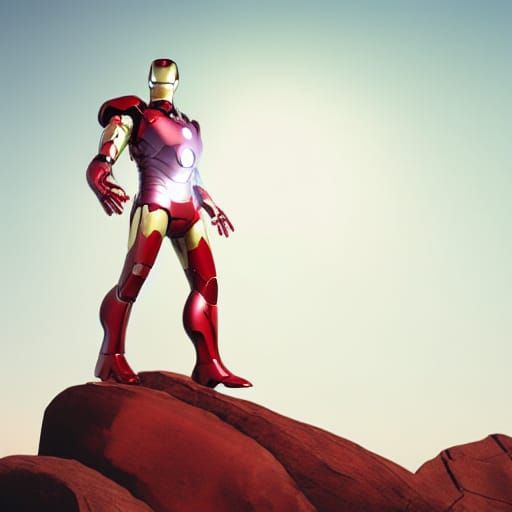 Iron Man Stands on a Rock at Sunrise