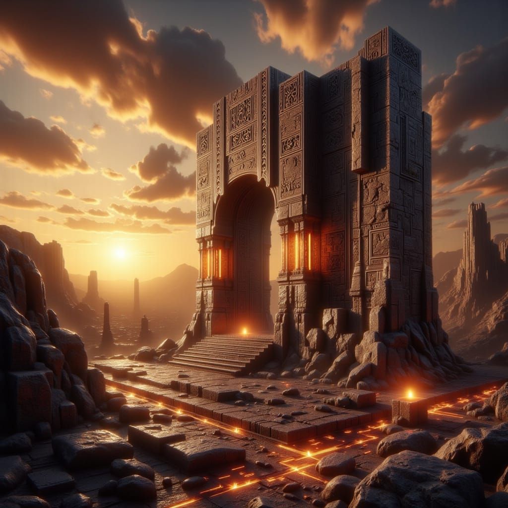 Ancient Futuristic Monument at Desert Sunset