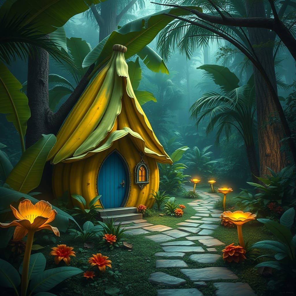 Banana House in Jungle, Fantasy Matte Painting