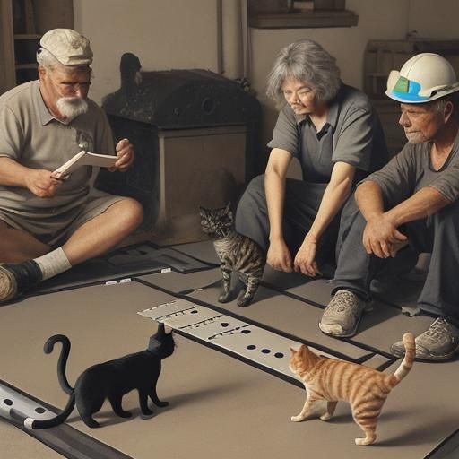 Cat Watching Workers Play Dominoes