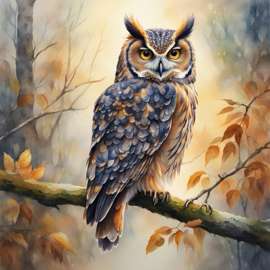Whimsical Owl Portrait in Watercolour Style