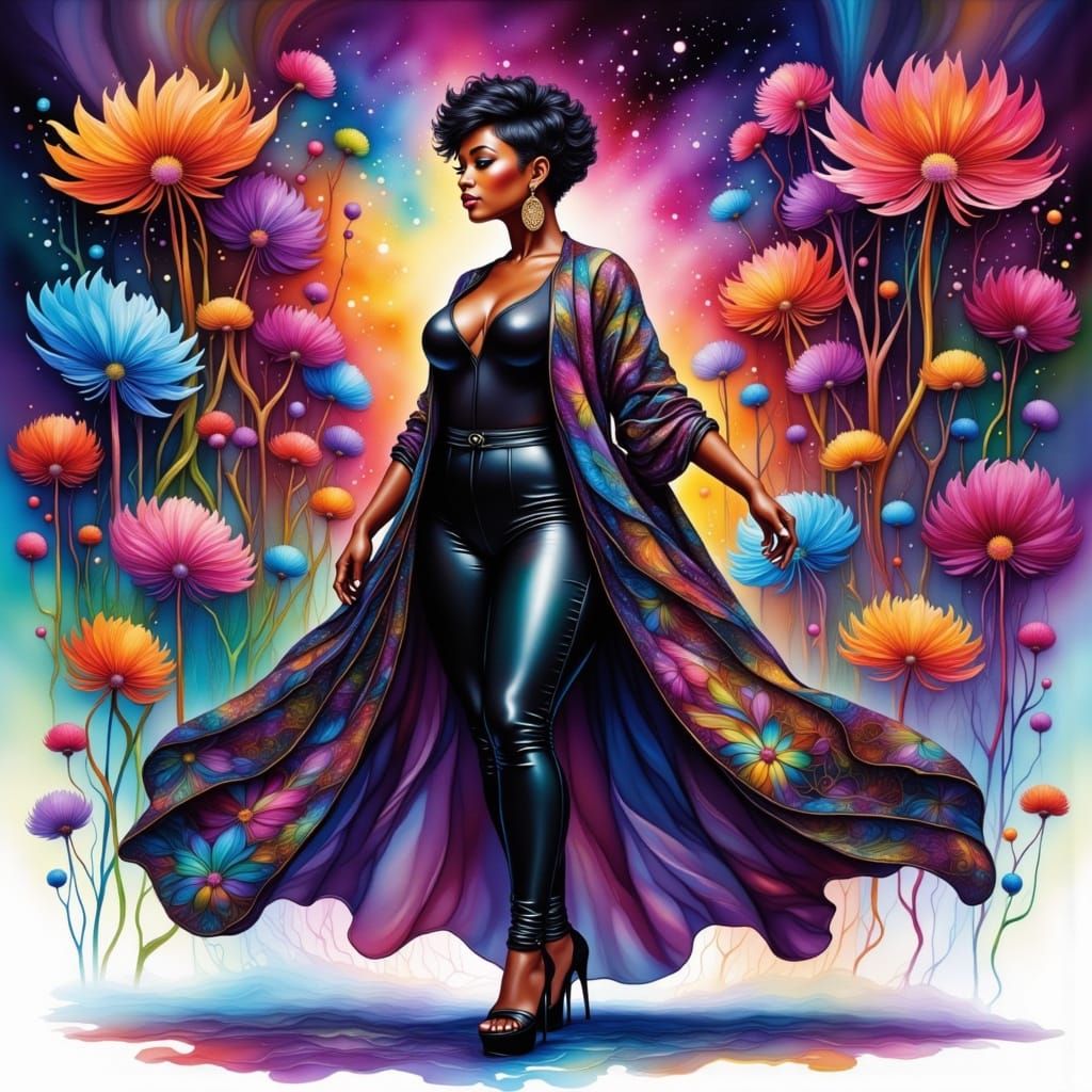 Plus-Size Black Woman Walking in Stylized Cartoon Style