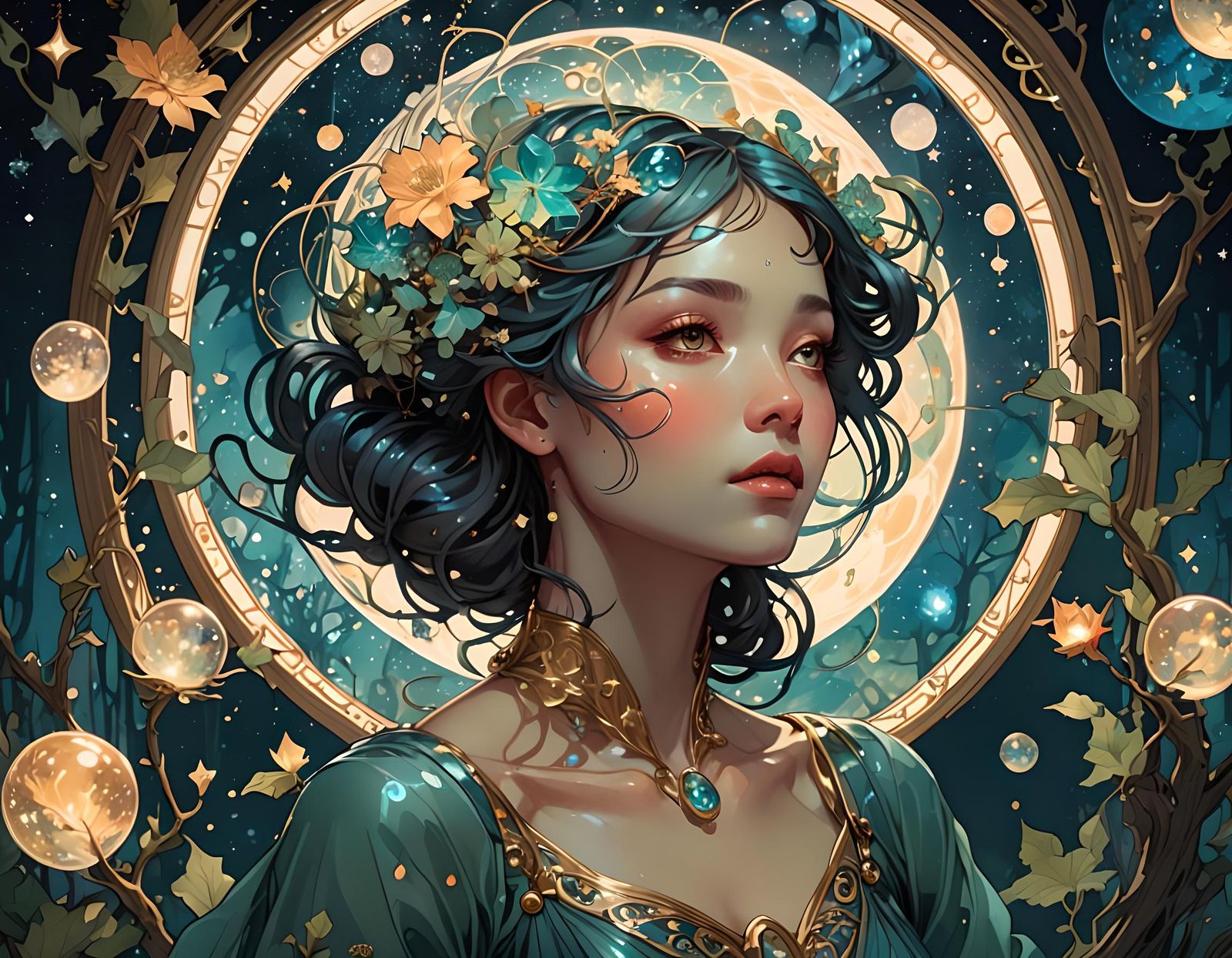 Ethereal Flower Maiden in Glass Galaxy Art Nouveau