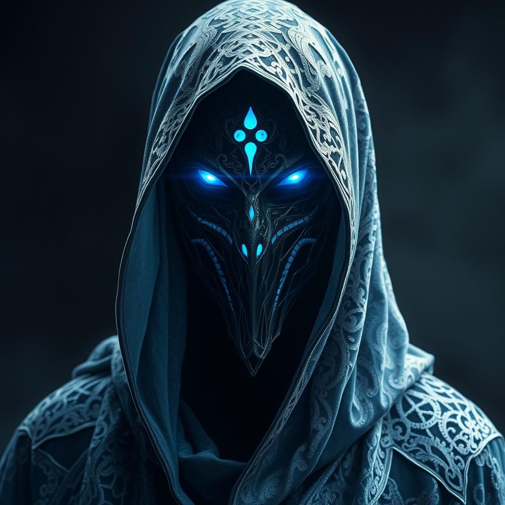 Masked Metallic Wraith with Glowing Blue Eyes