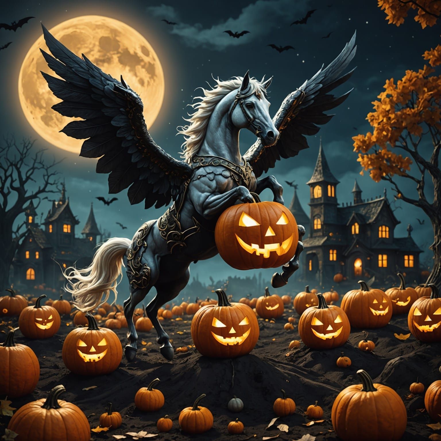 Halloween Pegasus and Moonlit Pumpkins, Digital Art