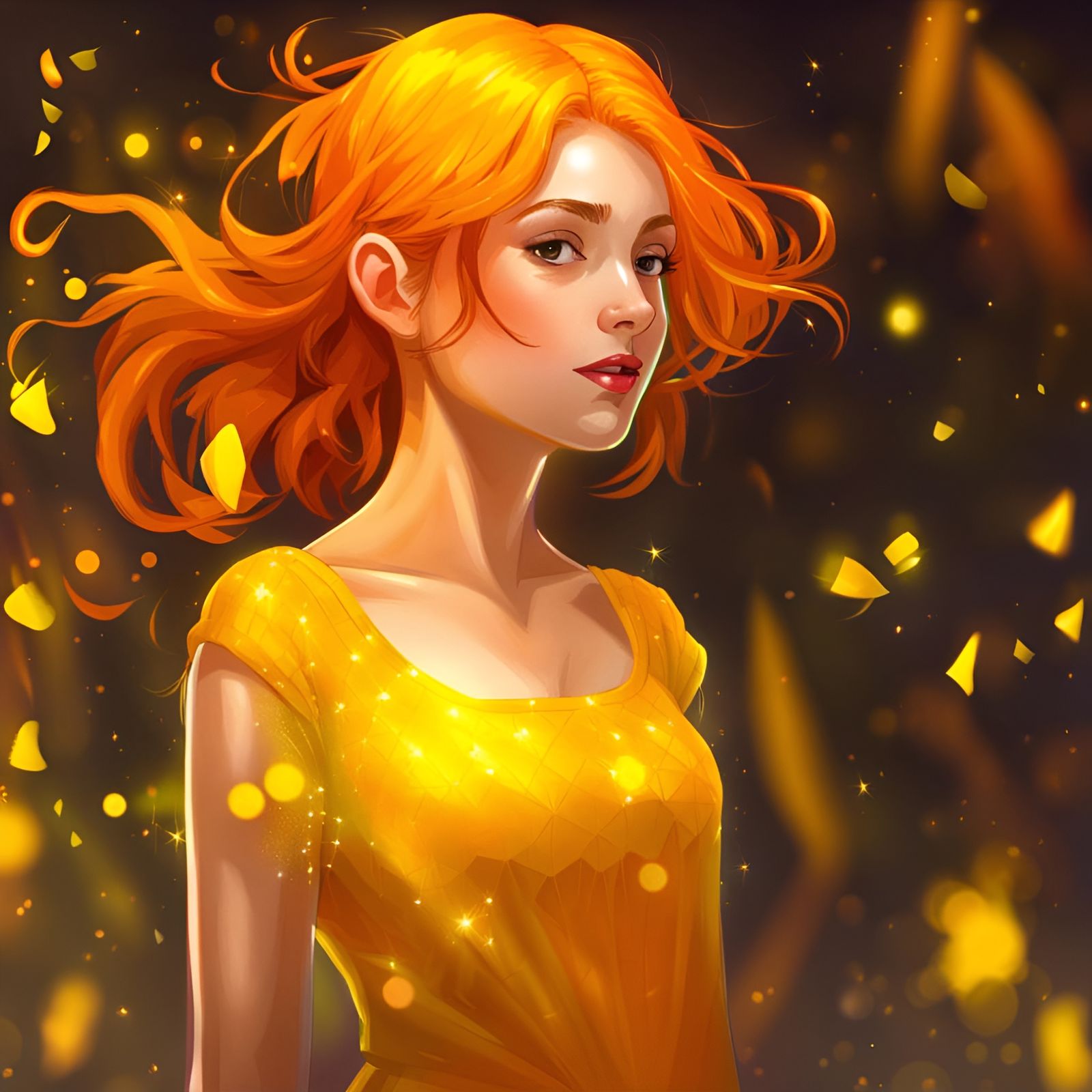 Sparkling Orange Haired Girl in Yellow Dress