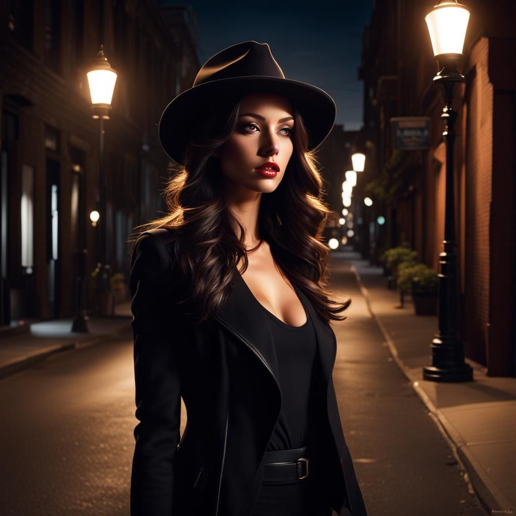 Brunette in Fedora Walking Up Street at Night