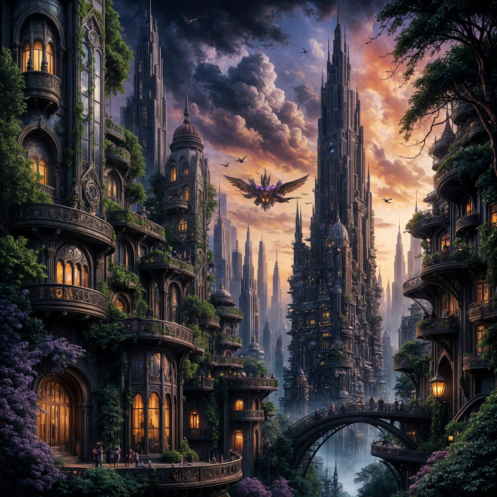 Art Deco Cityscape with Vertical Gardens and Flying Vehicles