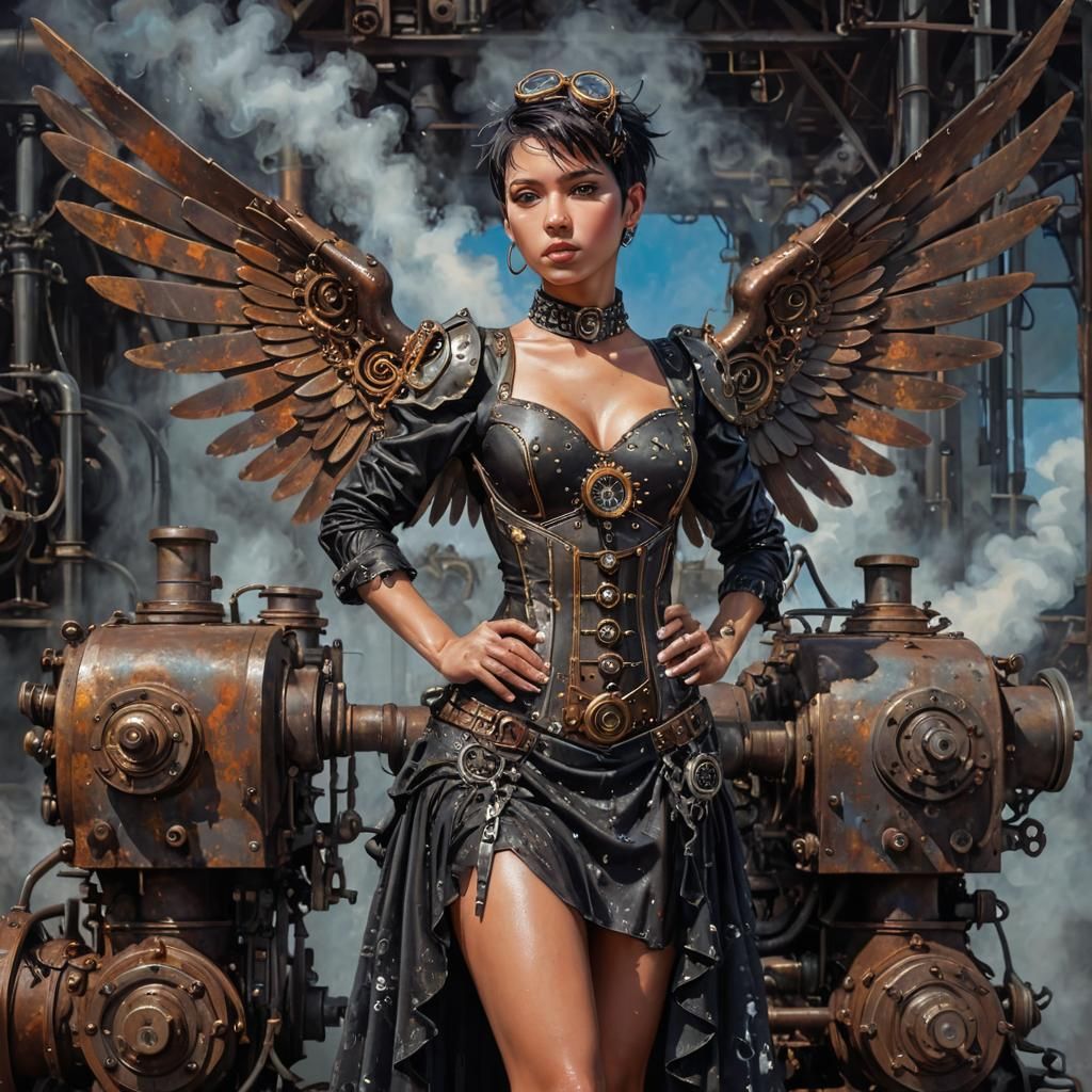Steampunk Angel with Rusted Wings and Engine