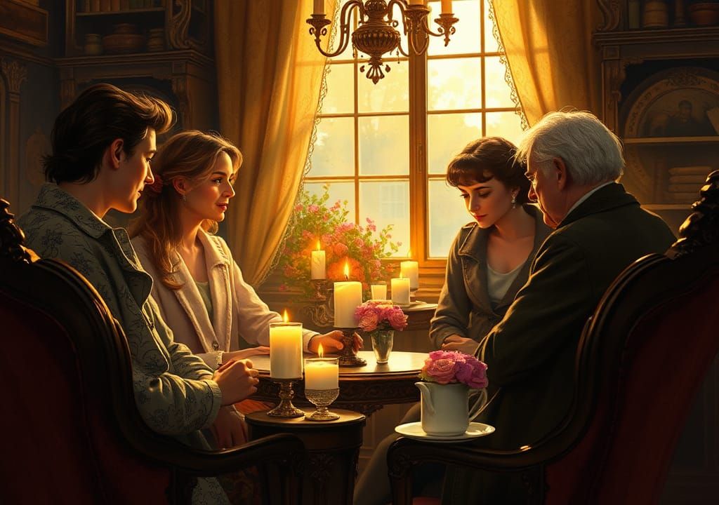 Cozy Café Scene with Antique Furniture and Warm Light